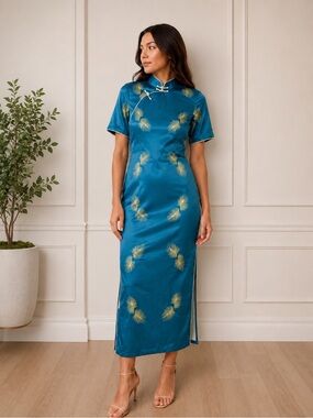 Teal Qipao Cheongsam Maxi Dress Gold Print Side Slits Size XXL